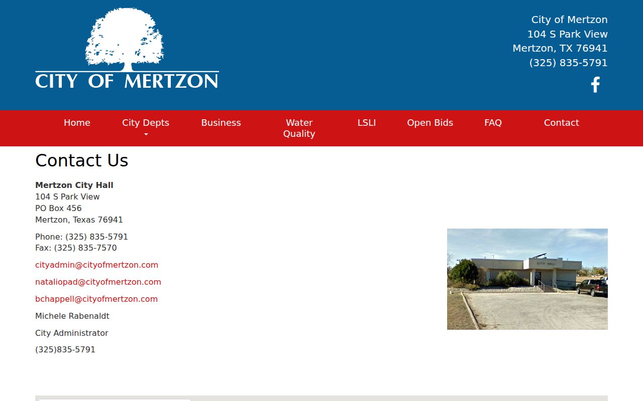 Mertzon City Hall contact page for the municipal court in Irion County