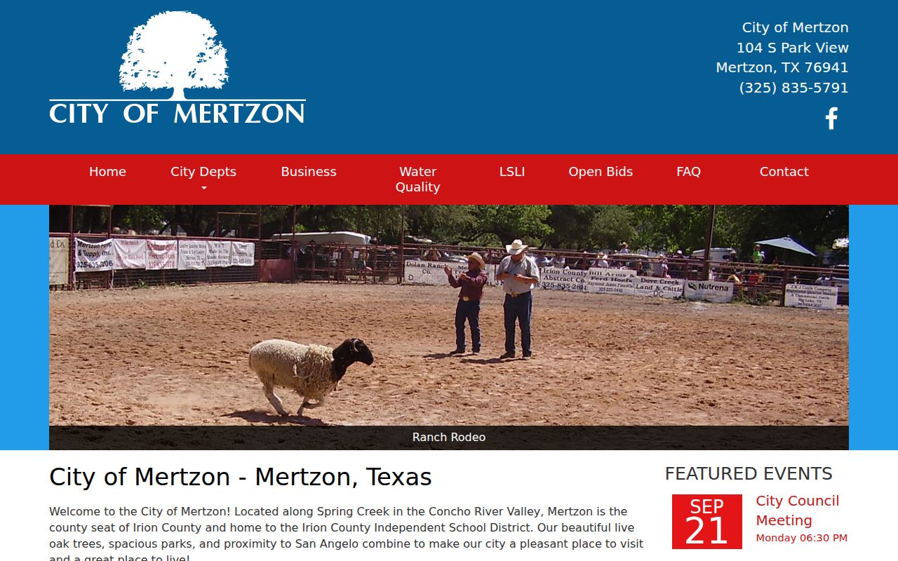 Official City of Mertzon website used to verify Mertzon, Irion County municipal services