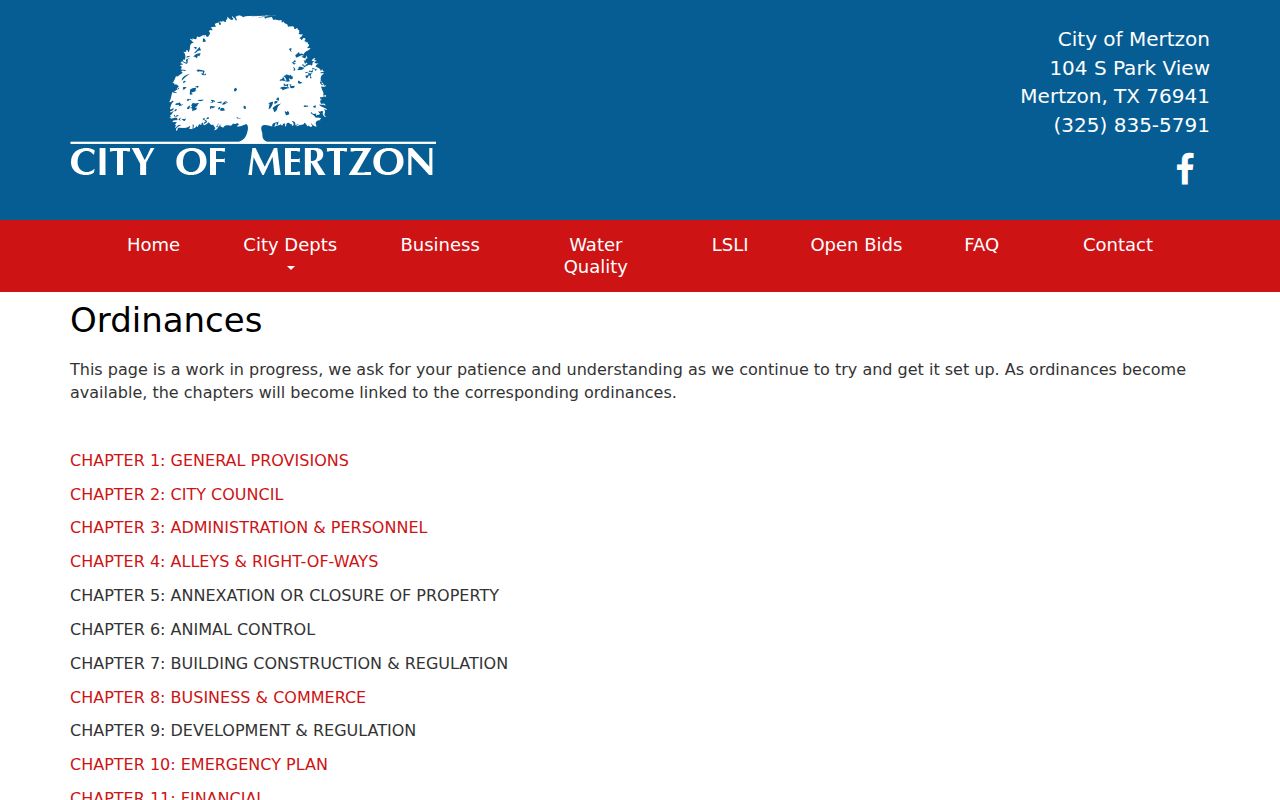 Irion County city court warrant records: Mertzon Municipal Court ordinance index