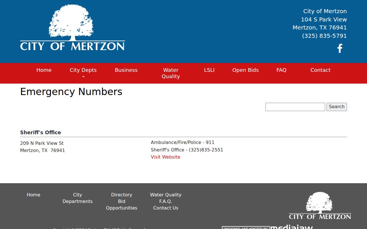 Mertzon emergency directory listing the Irion County Sheriff and 911